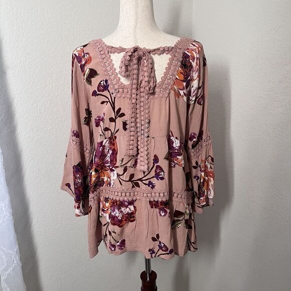 Oddi Womens Tunic Size Small Floral Boho NWT Pink Square Neck Bell Sleeve - Picture 3 of 10